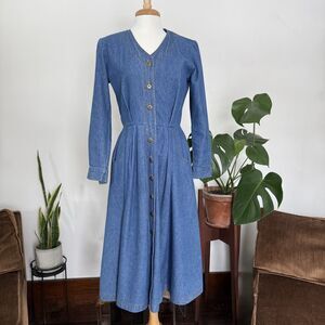 Vintage 90s Denim Fit & Flare Cotton Midi Dress | Button Front, Pockets